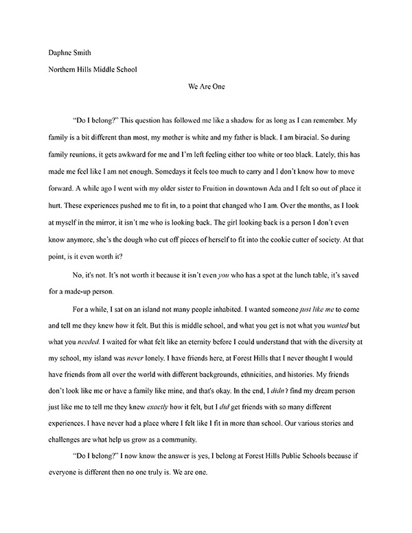 Forest Hills School Essay Contest Winner