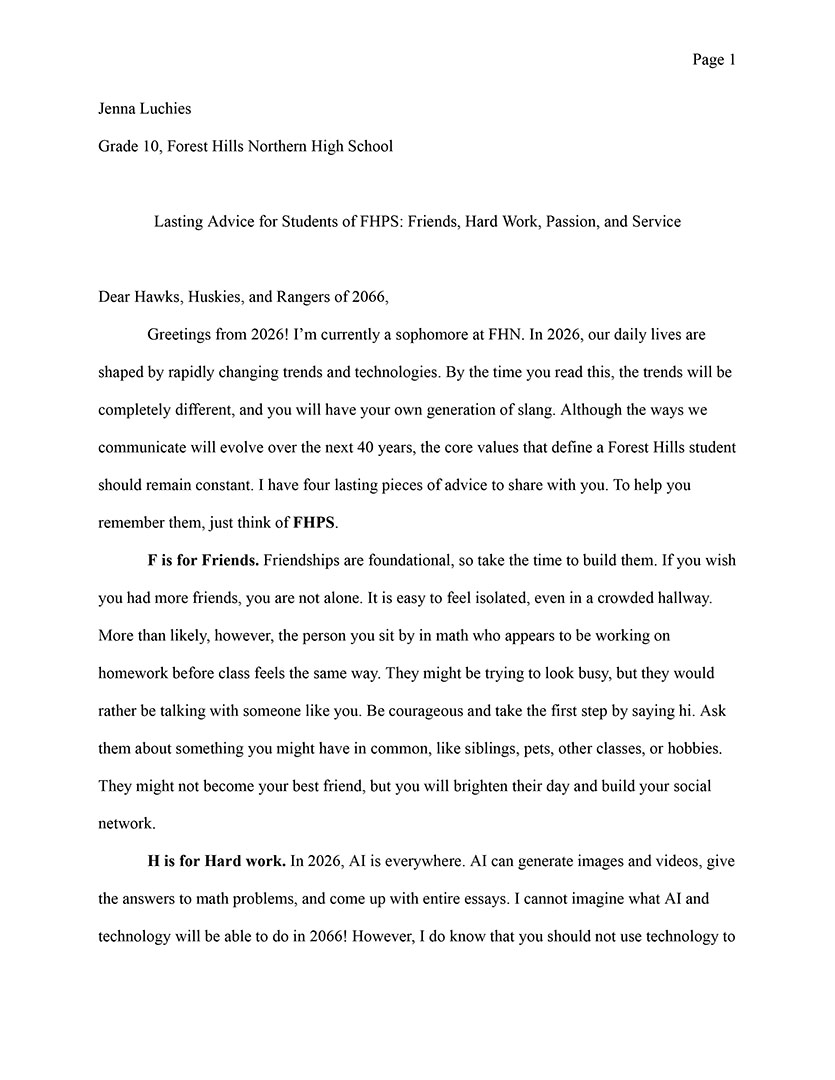 Forest Hills School Essay Contest Winner