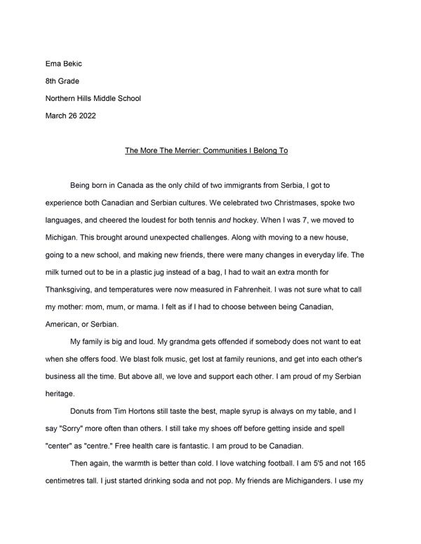 Forest Hills School Essay Contest Winner